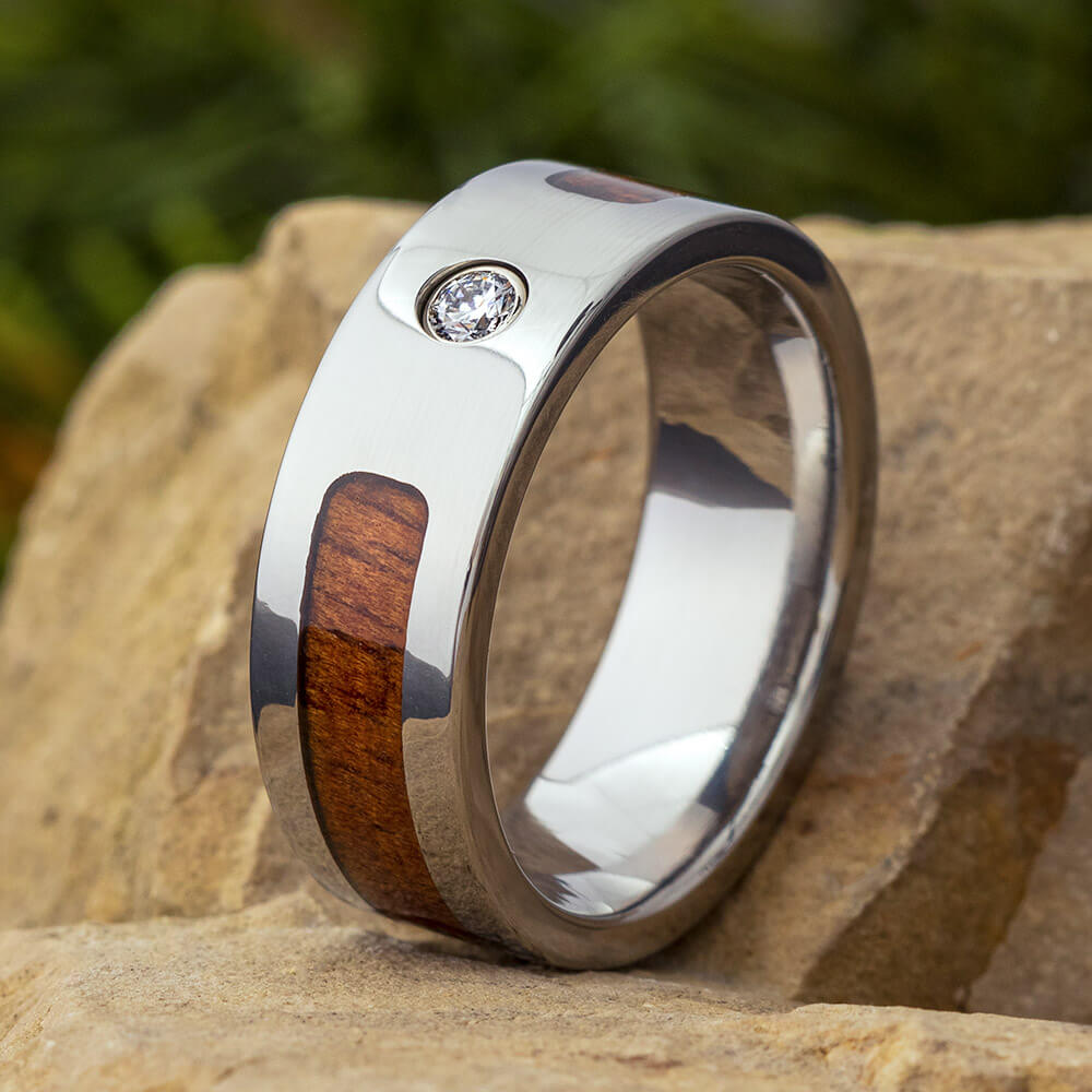 Wood Wedding Band with Bezel Set Diamond, Mens Koa Wood Ring-3242 - Jewelry by Johan