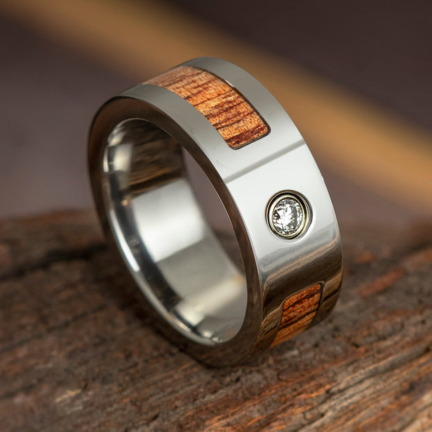 Wood Wedding Band with Bezel Set Diamond, Mens Koa Wood Ring-3242 - Jewelry by Johan