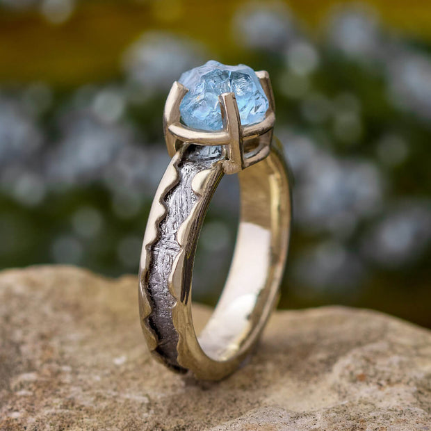 Aquamarine Engagement Ring, Meteorite In Wavy White Gold-3251 - Jewelry by Johan