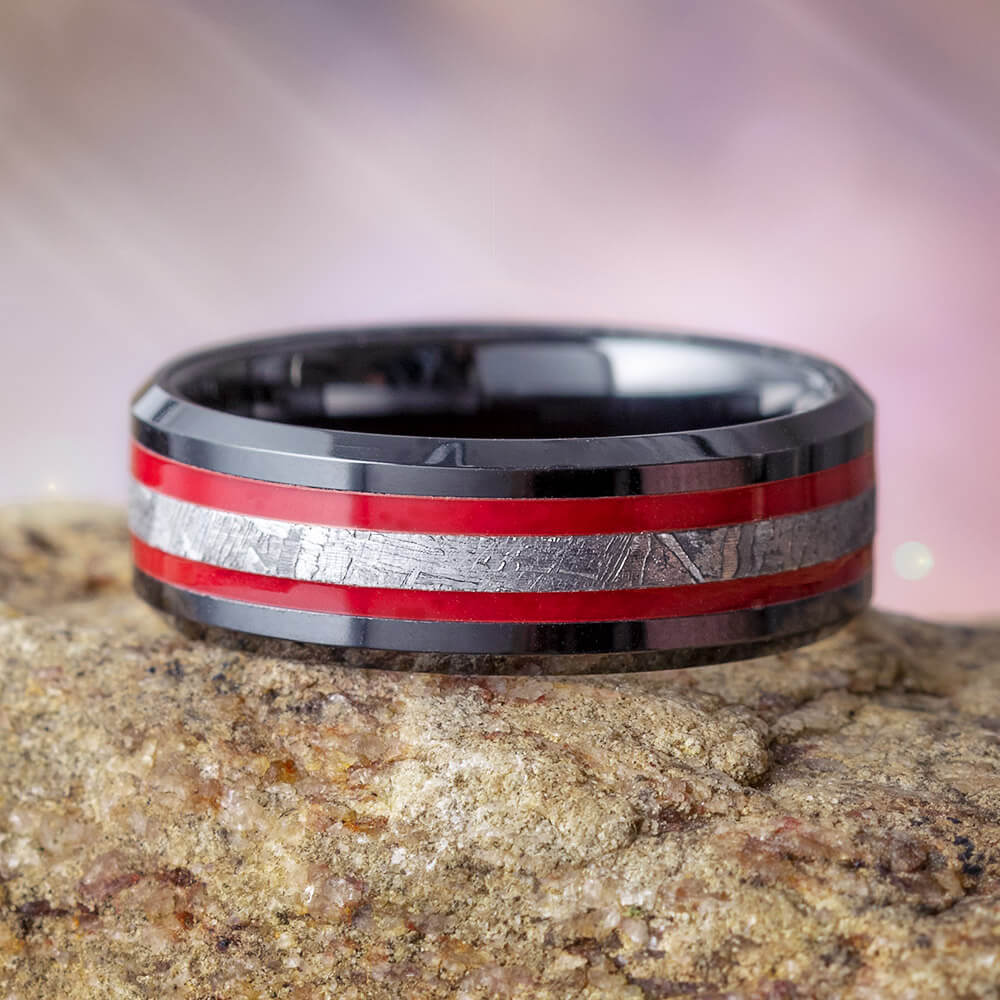 Black Ring with Red Stripes and Meteorite-2630RD - Jewelry by Johan