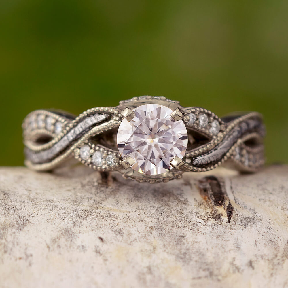 Moissanite Engagement Ring With A Twist Meteorite And Diamond Shank-3378WG - Jewelry by Johan
