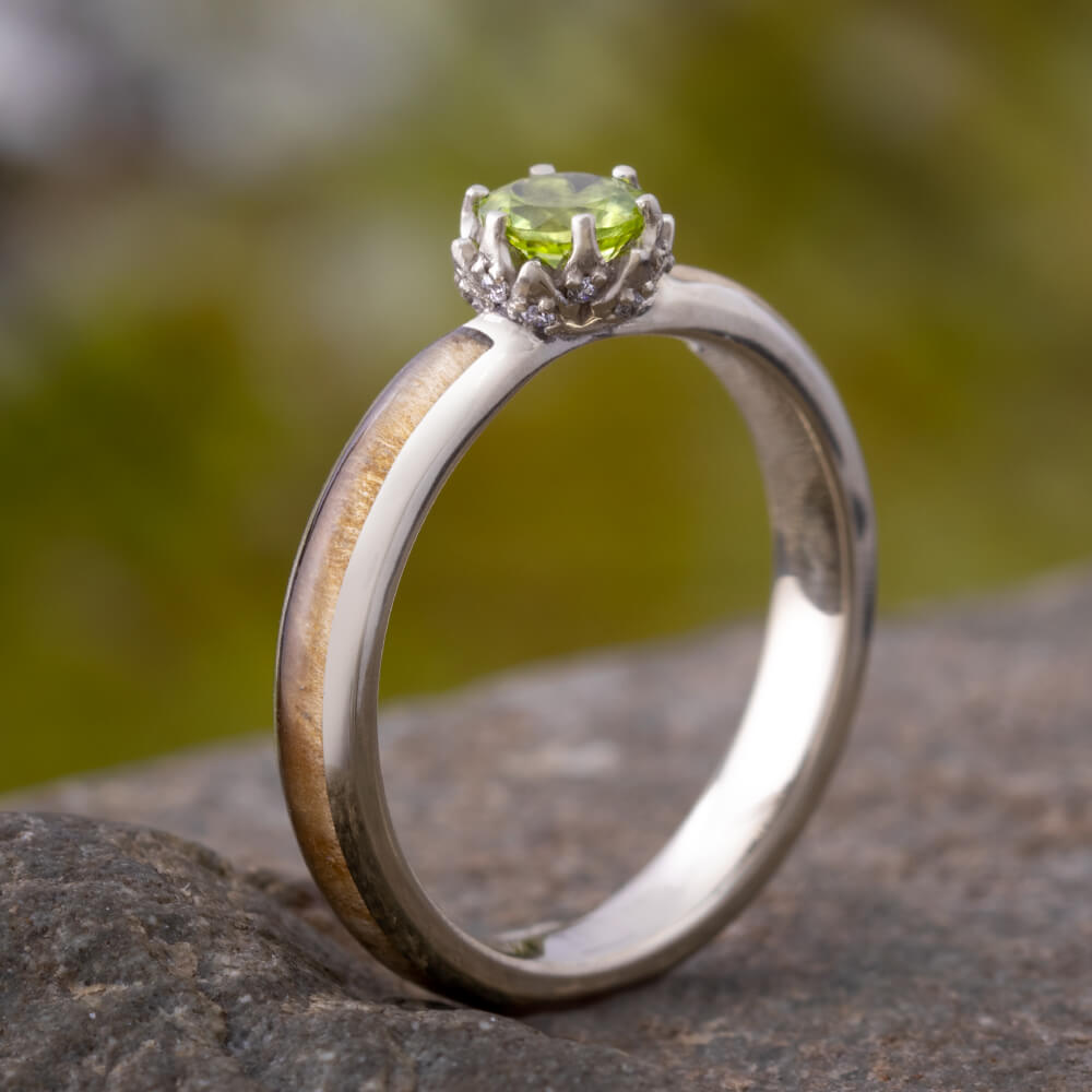Peridot Engagement Ring with Diamond Lotus and Black Ash Burl-3402 - Jewelry by Johan