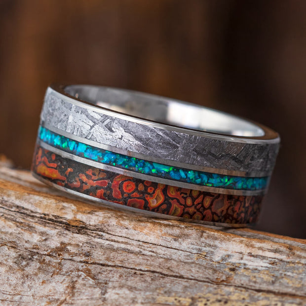 Opal Wedding Band, Meteorite And Dinosaur Bone Ring-3477 - Jewelry by Johan