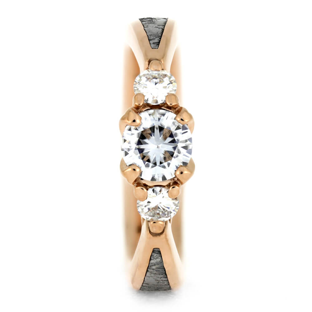 Three Stone Engagement Ring With Moissanite in Rose Gold, Meteorite Ring-3546 - Jewelry by Johan