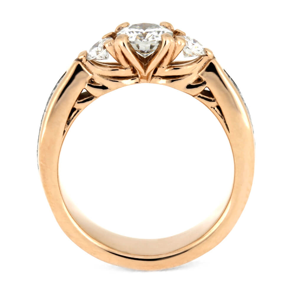 Three Stone Engagement Ring With Moissanite in Rose Gold, Meteorite Ring-3546 - Jewelry by Johan
