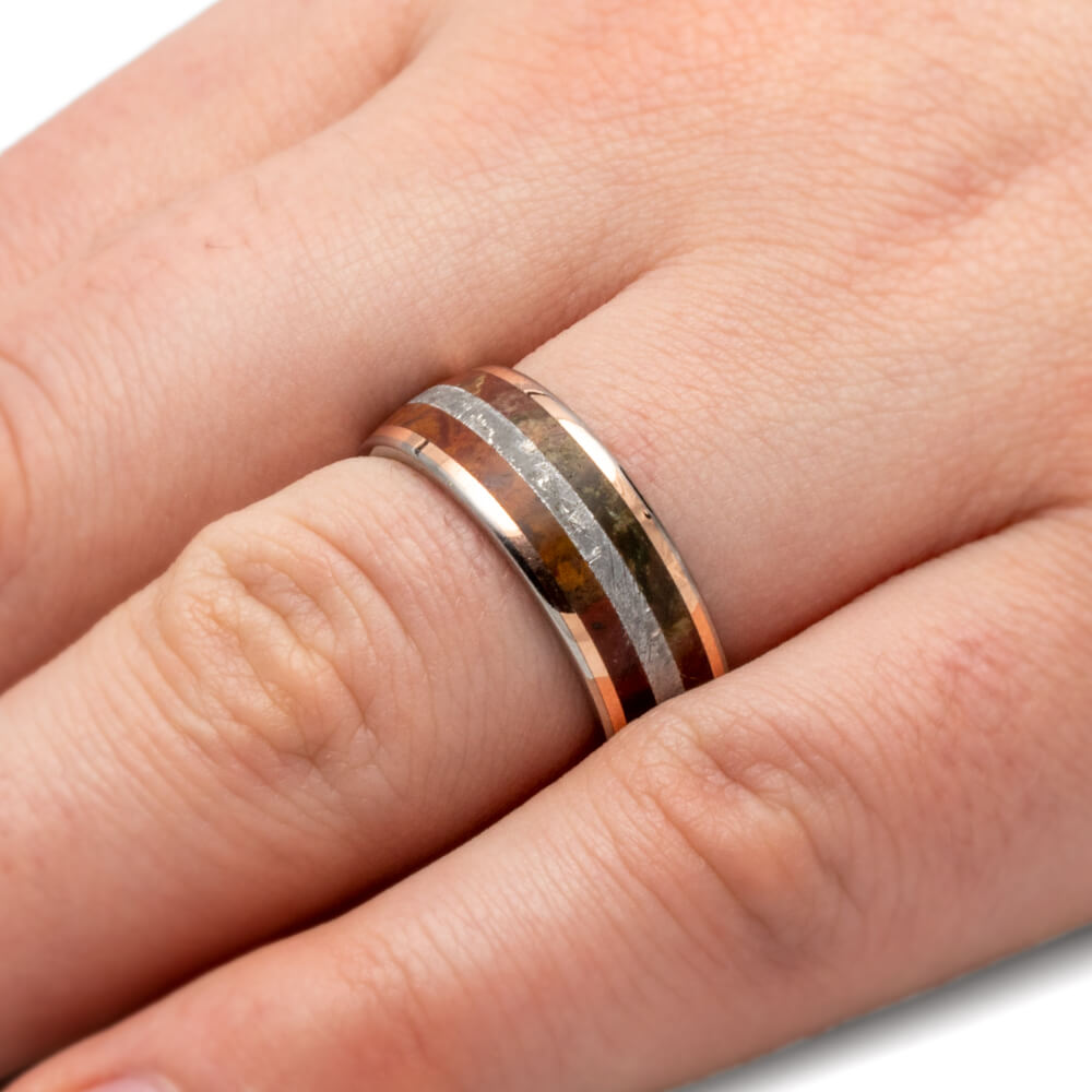 Petrified Wooden Ring, Meteorite Wedding Band With Rose Gold-3551 - Jewelry by Johan