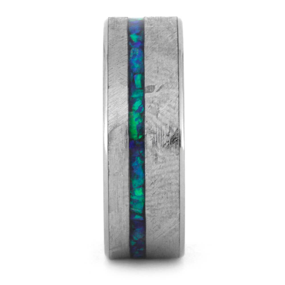 Crushed Opal Men's Wedding Band, Meteorite Ring With Mokume Sleeve-3558 - Jewelry by Johan
