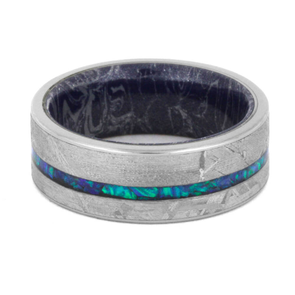 Crushed Opal Men's Wedding Band, Meteorite Ring With Mokume Sleeve-3558 - Jewelry by Johan