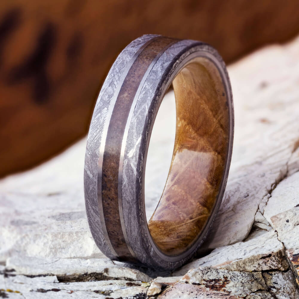 Whiskey Barrel Wood and Meteorite Men's Wedding Band-3601 - Jewelry by Johan