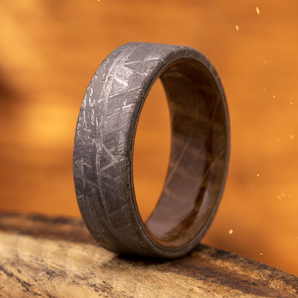 Meteorite Men's Wedding Band With Whiskey Barrel Wood Sleeve-3622 - Jewelry by Johan
