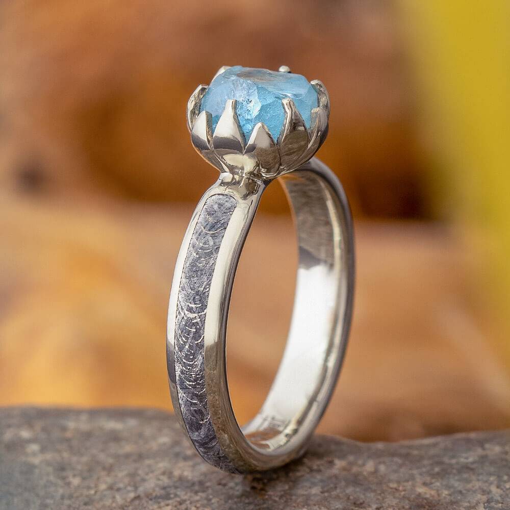 Rough Aquamarine Engagement Ring With Meteorite in White Gold-3636 - Jewelry by Johan