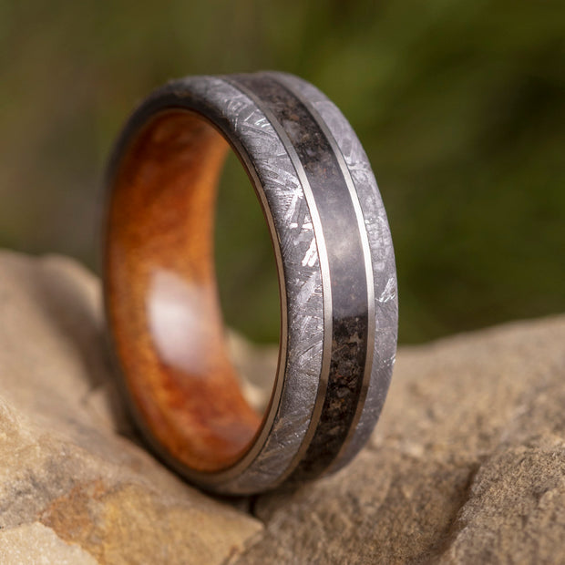 Dinosaur Bone Men's Ring With Meteorite, Kauri Wood Sleeve