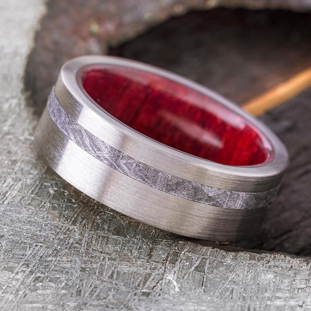 Bloodwood and Meteorite Men's Wedding Band With Polished Titanium Finish-3699 - Jewelry by Johan