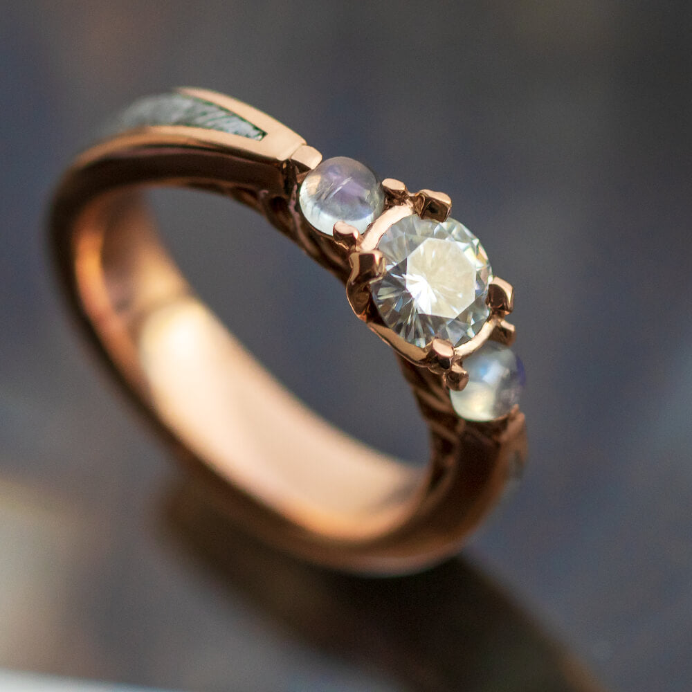 Rose Gold Engagement Ring With Meteorite, Moissanite, And Moonstones-3721 - Jewelry by Johan