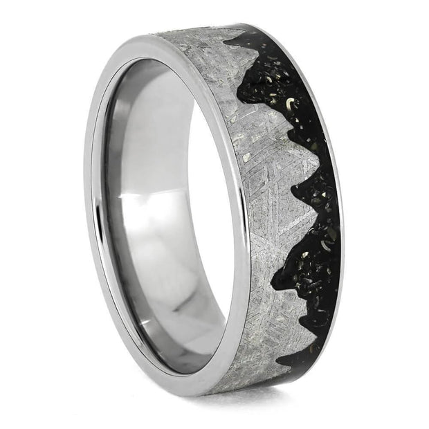 Meteorite Moonscape Ring With Black Stardust™, Unique Men's Wedding Band-3750 - Jewelry by Johan