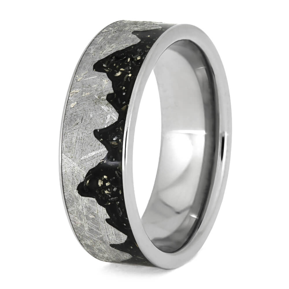 Meteorite Moonscape Ring With Black Stardust™, Unique Men's Wedding Band-3750 - Jewelry by Johan