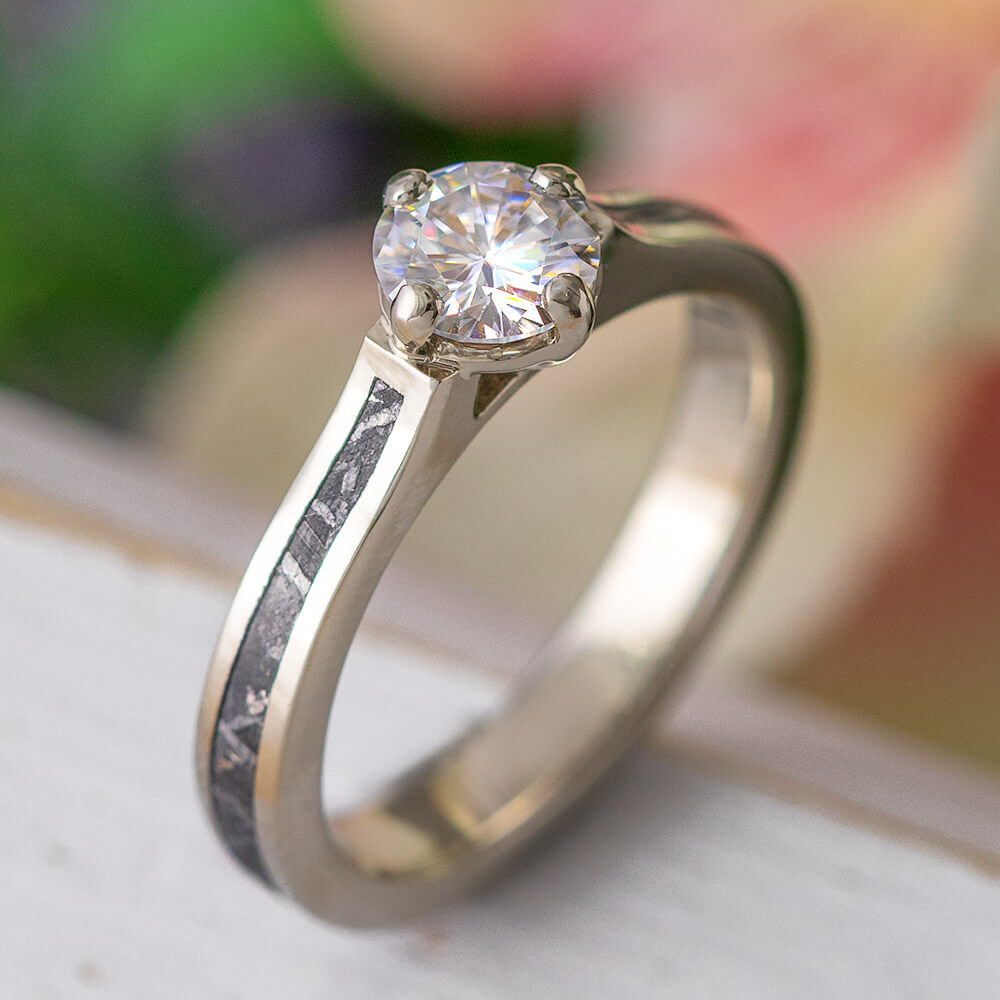 White Gold Solitaire, Meteorite Engagement Ring With Moissanite-3758 - Jewelry by Johan