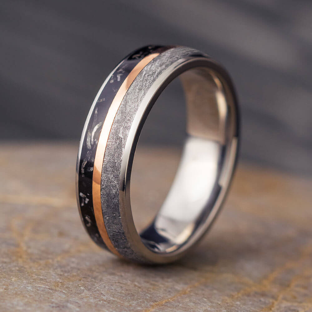 Black Stardust™ Wedding Band with Rose Gold and Meteorite-3766 - Jewelry by Johan