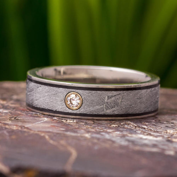 Meteorite Wedding Ring For Men With Black Pinstripes-4307 - Jewelry by Johan