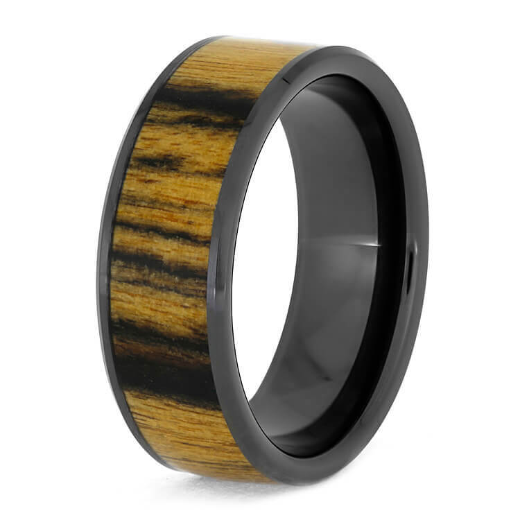 Black and White Ebony Wood Ring, Black Ceramic Wedding Band-3790 - Jewelry by Johan