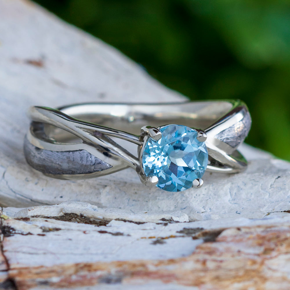 Sky Blue Topaz Solitaire With Meteorite Inlays, White Gold Engagement Ring-3793 - Jewelry by Johan