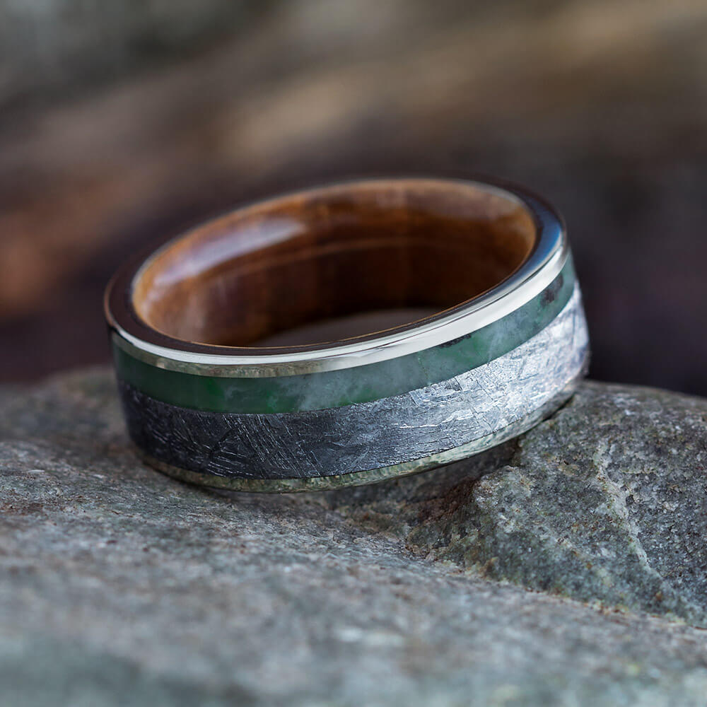 White Gold & Gibeon Meteorite Ring With Green Jade, Whiskey Barrel Wedding Band-3824 - Jewelry by Johan