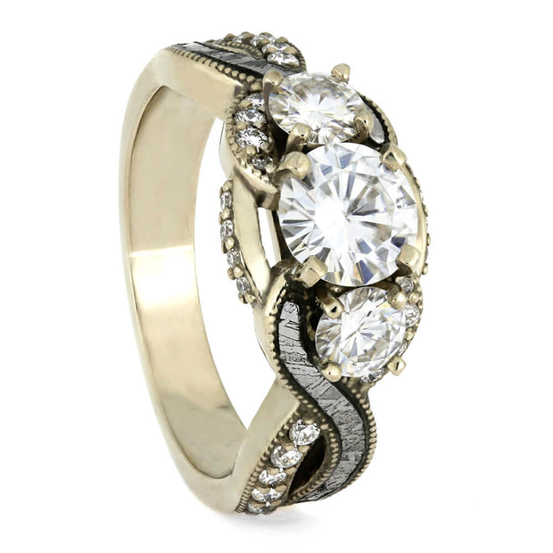 Three Stone Engagement Ring With Meteorite, Twisting Shank Ring-3841 - Jewelry by Johan