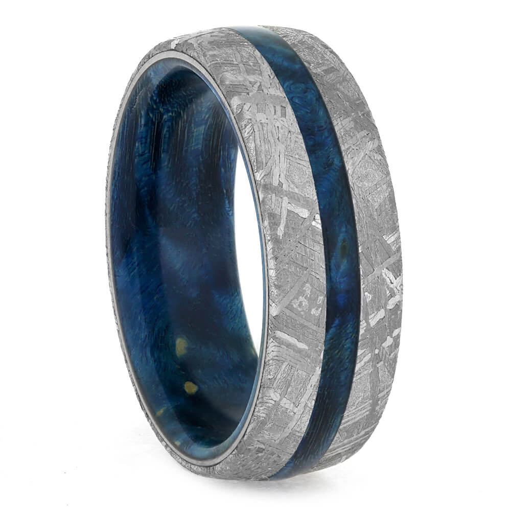 Blue Men's Ring With Gibeon Meteorite, Colorful Wedding Band