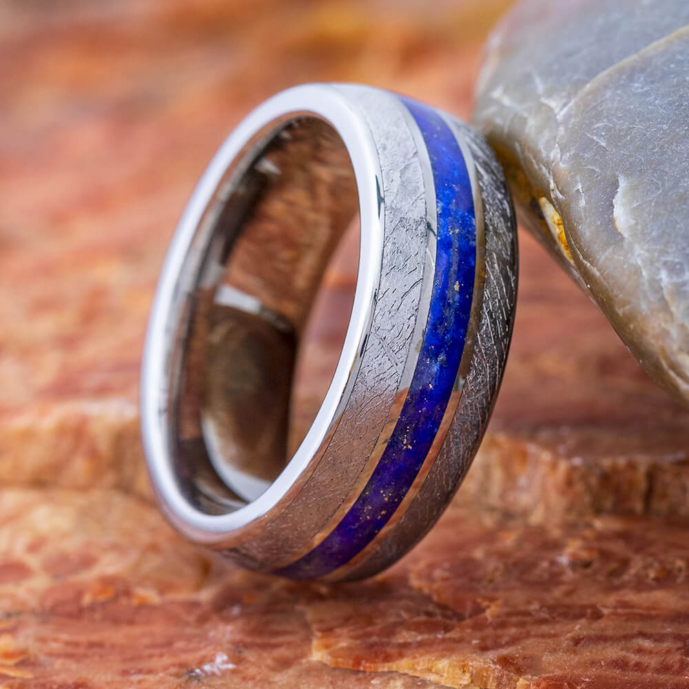 Lapis Lazuli Men's Wedding Band With Meteorite, Space Ring-3864 - Jewelry by Johan