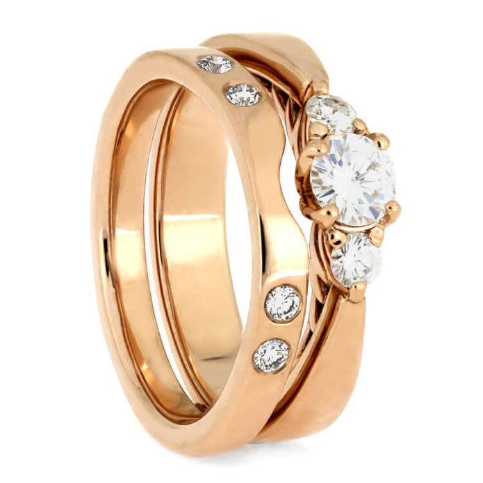 Rose Gold Bridal Set, Three Stone Engagement Ring With Matching Shadow Band