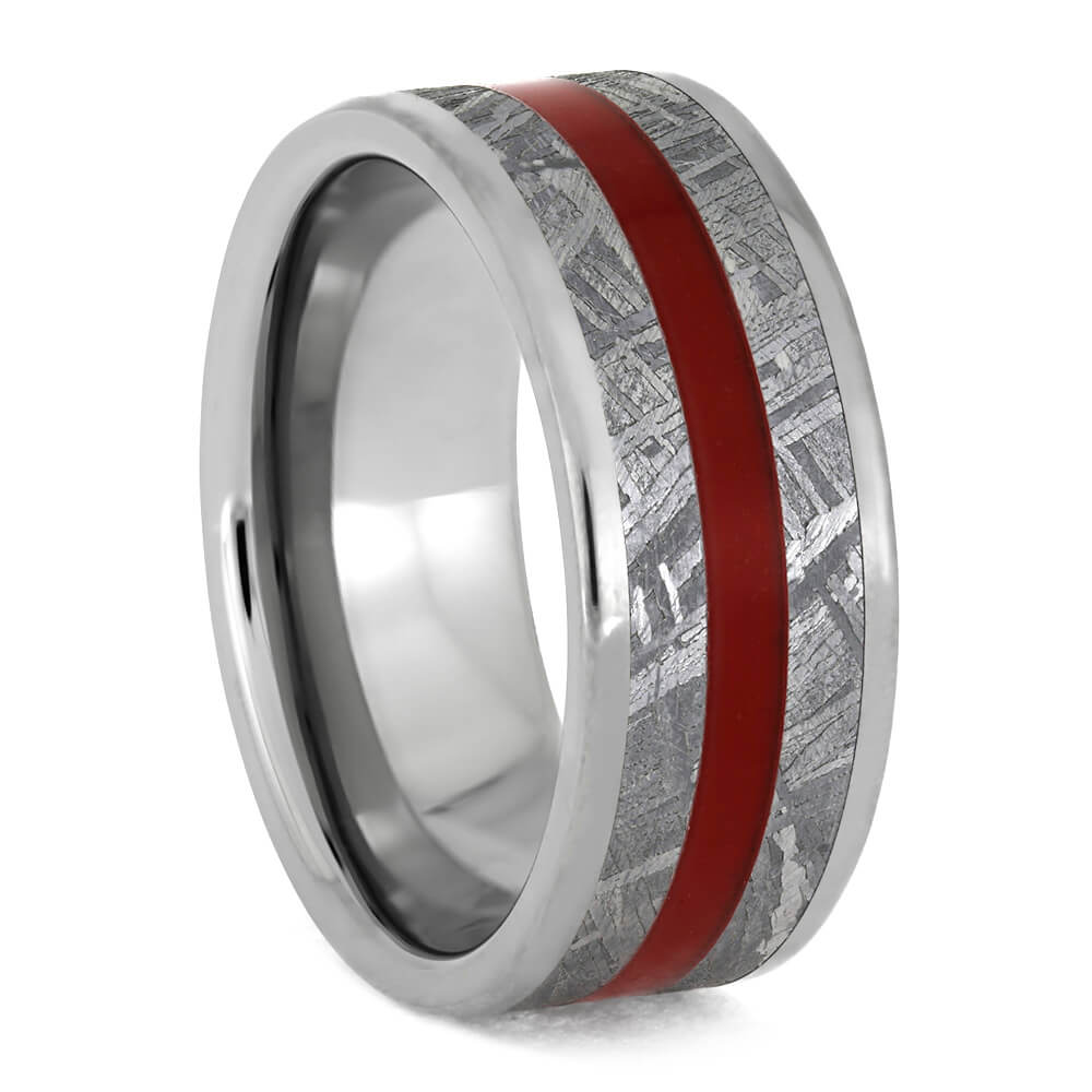 Men's Meteorite Ring With Red Enamel Pinstripe, Titanium Wedding Band-3868 - Jewelry by Johan