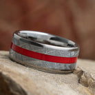 Men's Meteorite Ring With Red Enamel Pinstripe, Titanium Wedding Band-3868 - Jewelry by Johan