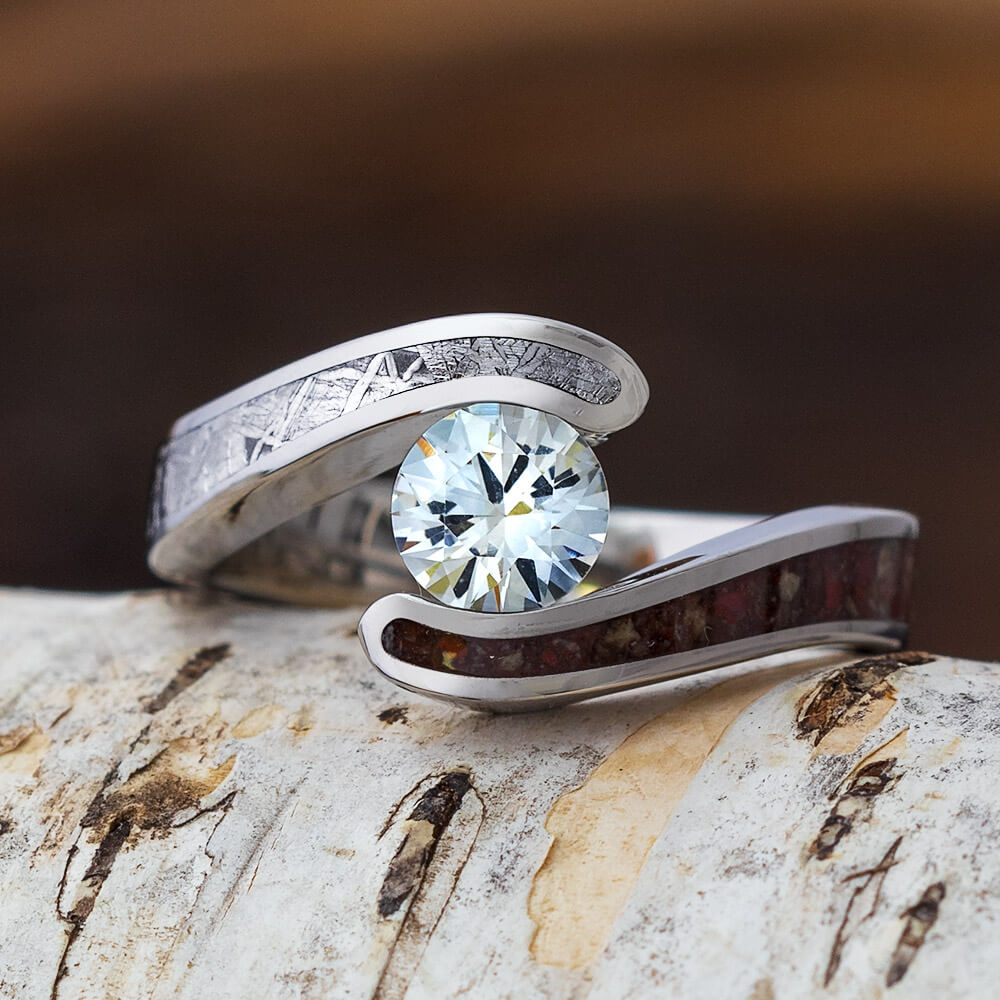 White Sapphire Engagement Ring, Titanium Meteorite Ring With Dinosaur Bone-3870 - Jewelry by Johan