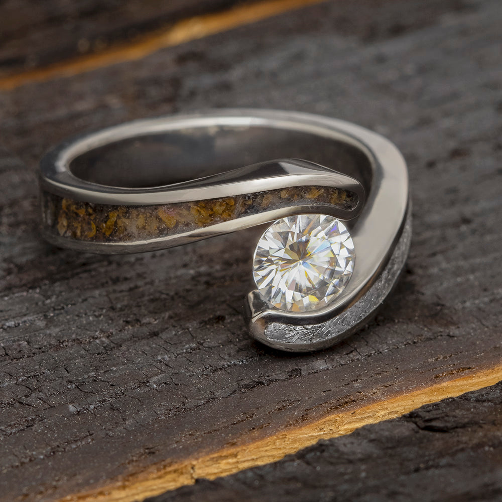 White Sapphire Engagement Ring, Titanium Meteorite Ring With Dinosaur Bone-3870 - Jewelry by Johan