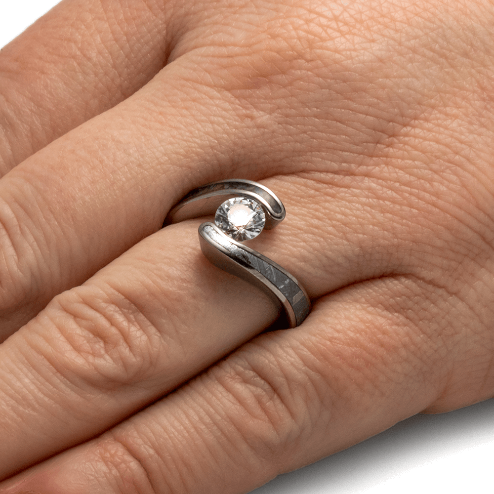 White Sapphire Engagement Ring, Titanium Meteorite Ring With Dinosaur Bone-3870 - Jewelry by Johan