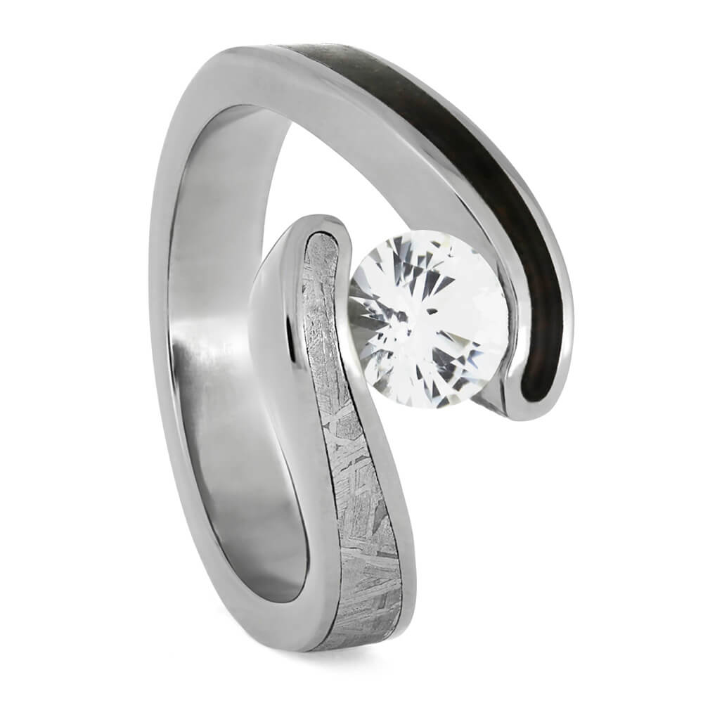 White Sapphire Engagement Ring, Titanium Meteorite Ring With Dinosaur Bone-3870 - Jewelry by Johan