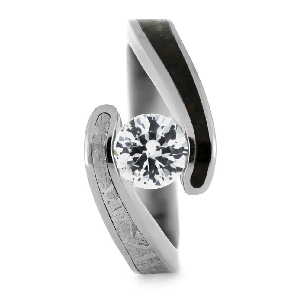 White Sapphire Engagement Ring, Titanium Meteorite Ring With Dinosaur Bone-3870 - Jewelry by Johan