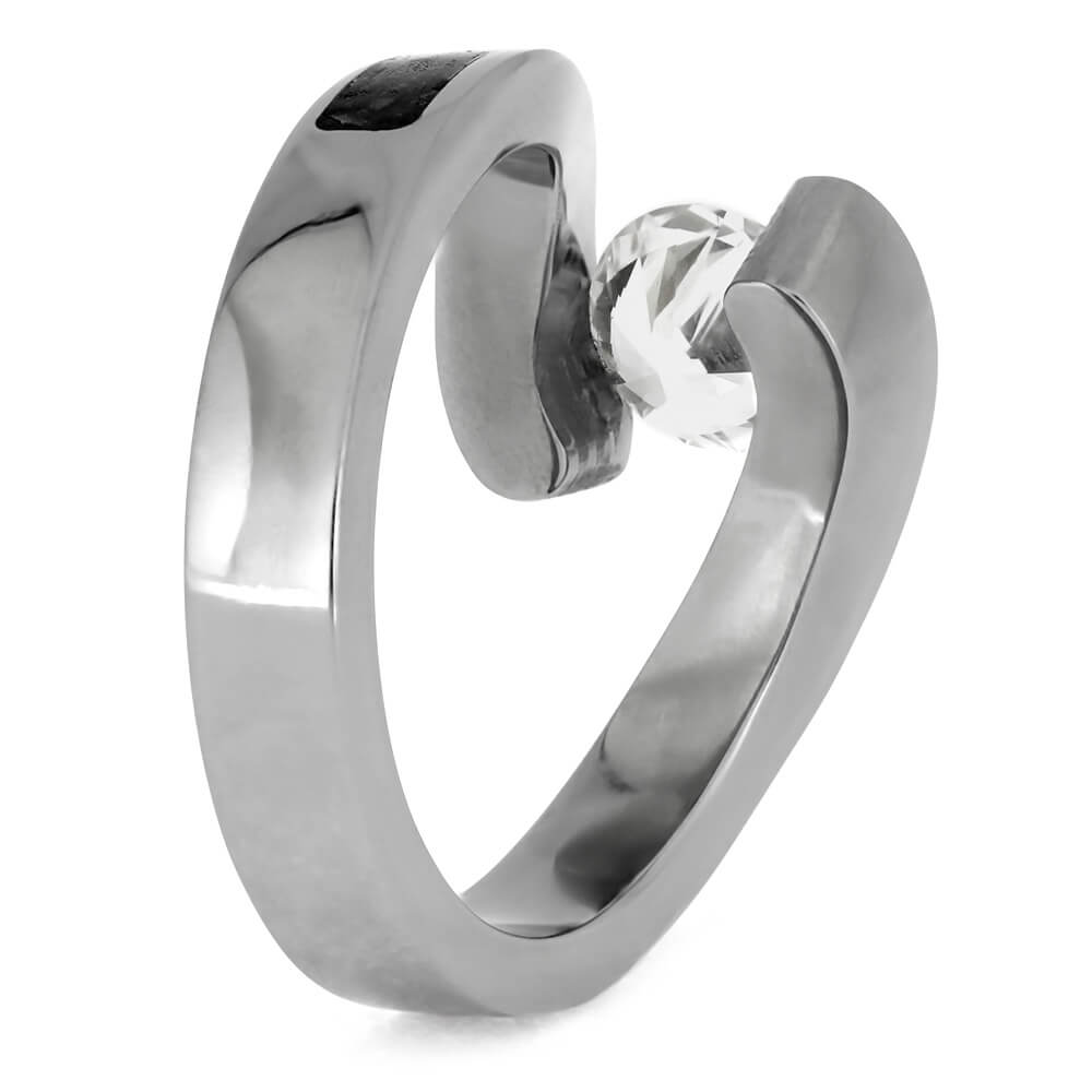 White Sapphire Engagement Ring, Titanium Meteorite Ring With Dinosaur Bone-3870 - Jewelry by Johan