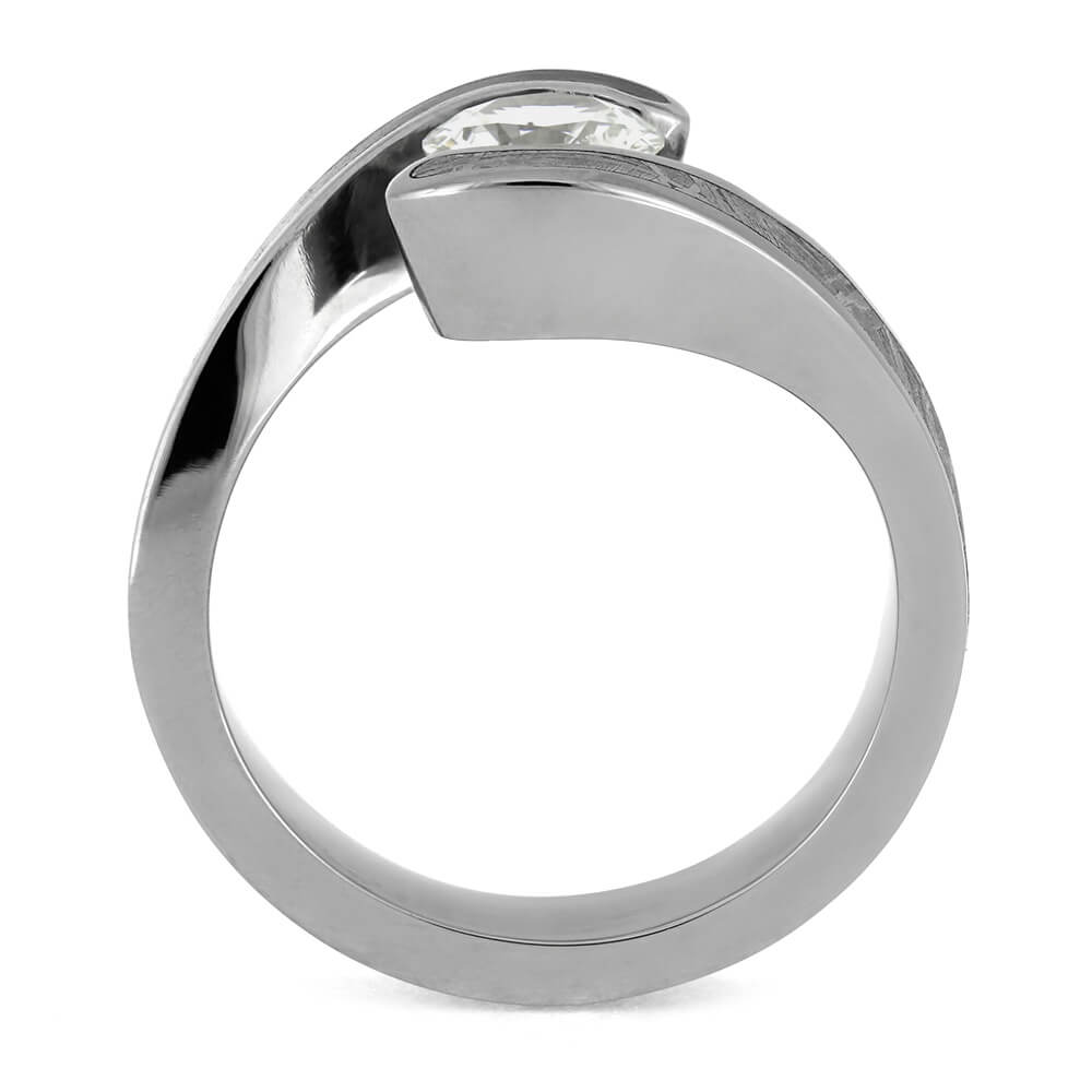 White Sapphire Engagement Ring, Titanium Meteorite Ring With Dinosaur Bone-3870 - Jewelry by Johan