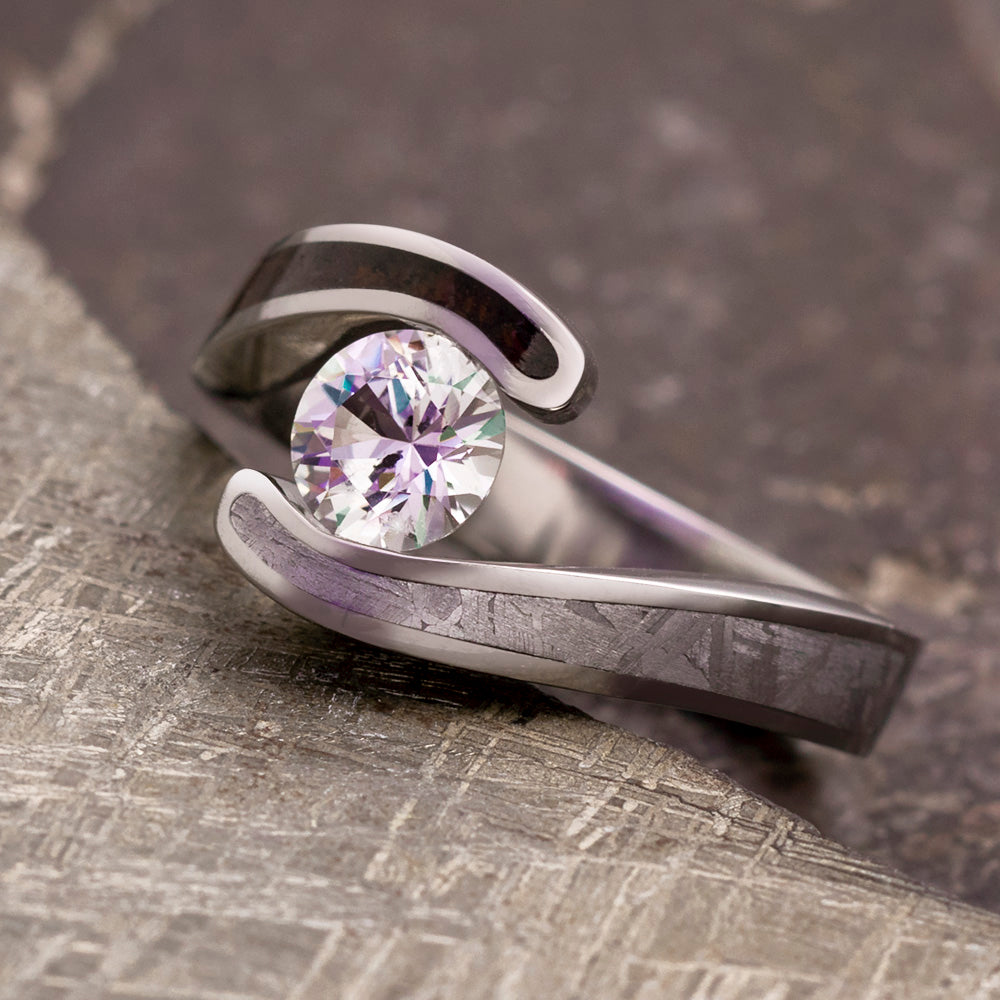 White Sapphire Engagement Ring, Titanium Meteorite Ring With Dinosaur Bone-3870 - Jewelry by Johan