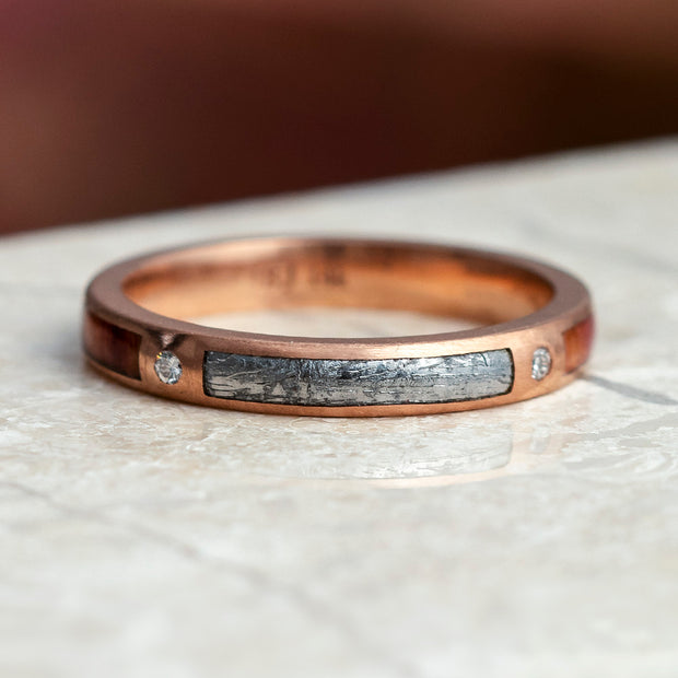 Meteorite And Tulipwood Wedding Band, Diamond Ring In Rose Gold-3881 - Jewelry by Johan