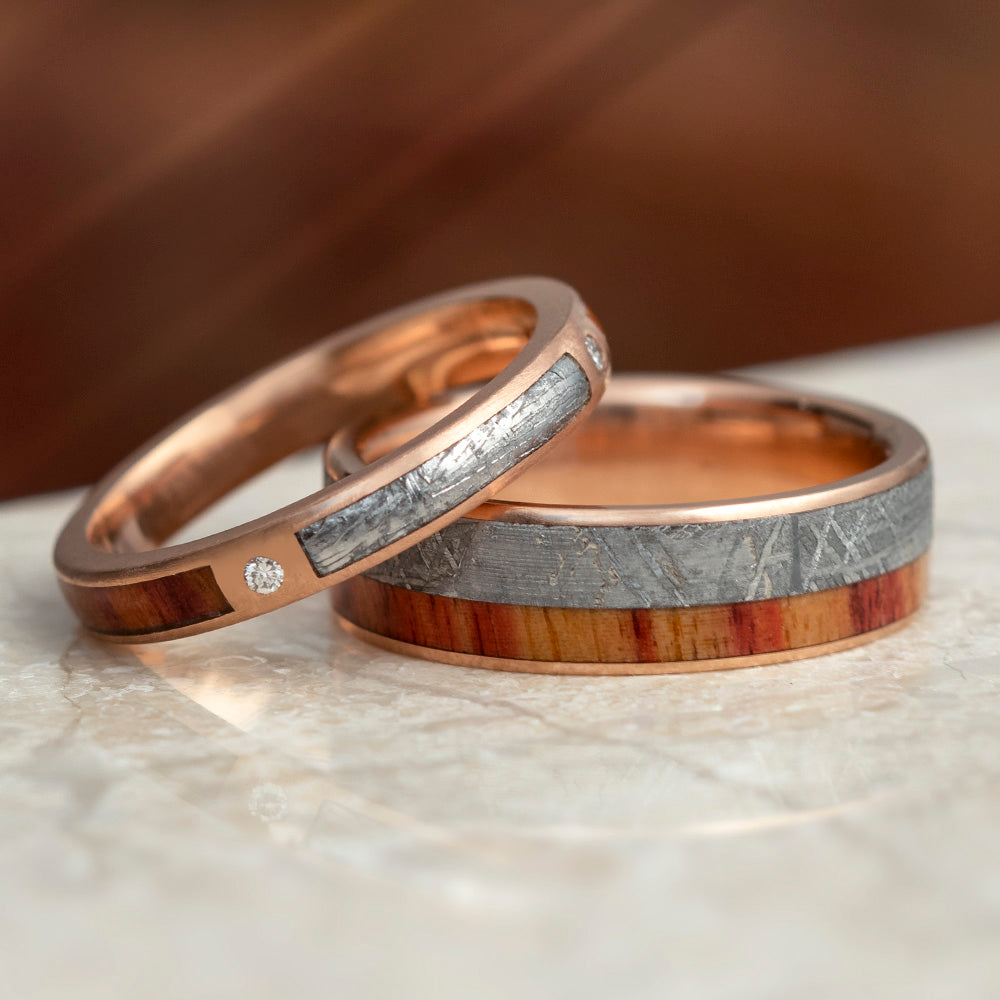 Rose Gold, Meteorite And Tulipwood Wedding Ring Set