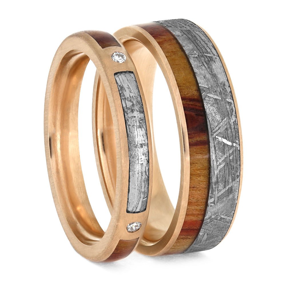 Meteorite And Tulipwood Wedding Ring Set