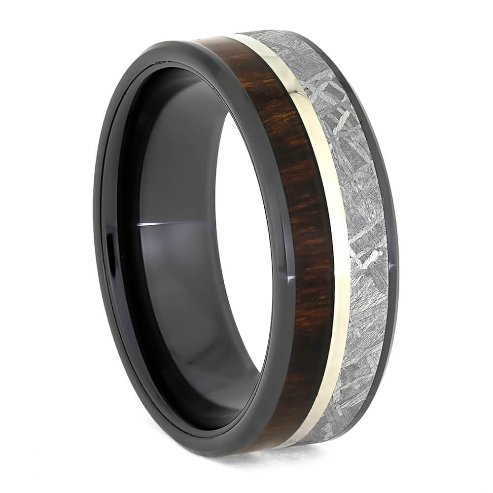 Black Ceramic Ring With Meteorite And Carribean Rosewood-3888 - Jewelry by Johan