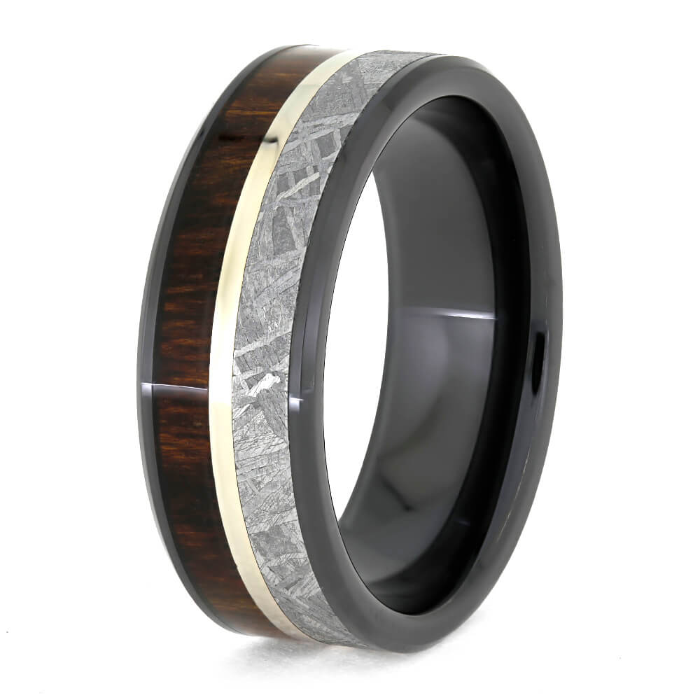 Black Ceramic Ring With Meteorite And Carribean Rosewood-3888 - Jewelry by Johan