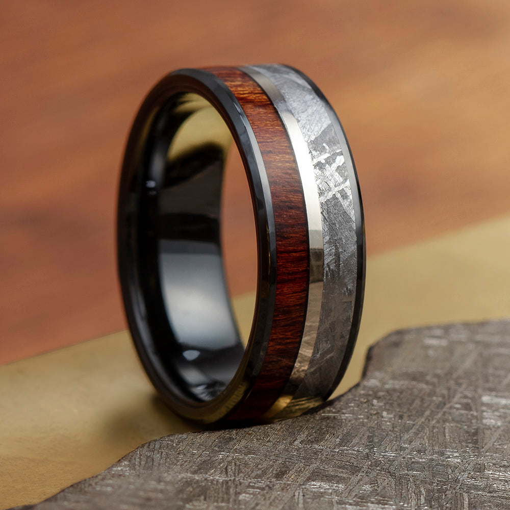 Black Ceramic Ring With Meteorite And Carribean Rosewood-3888 - Jewelry by Johan