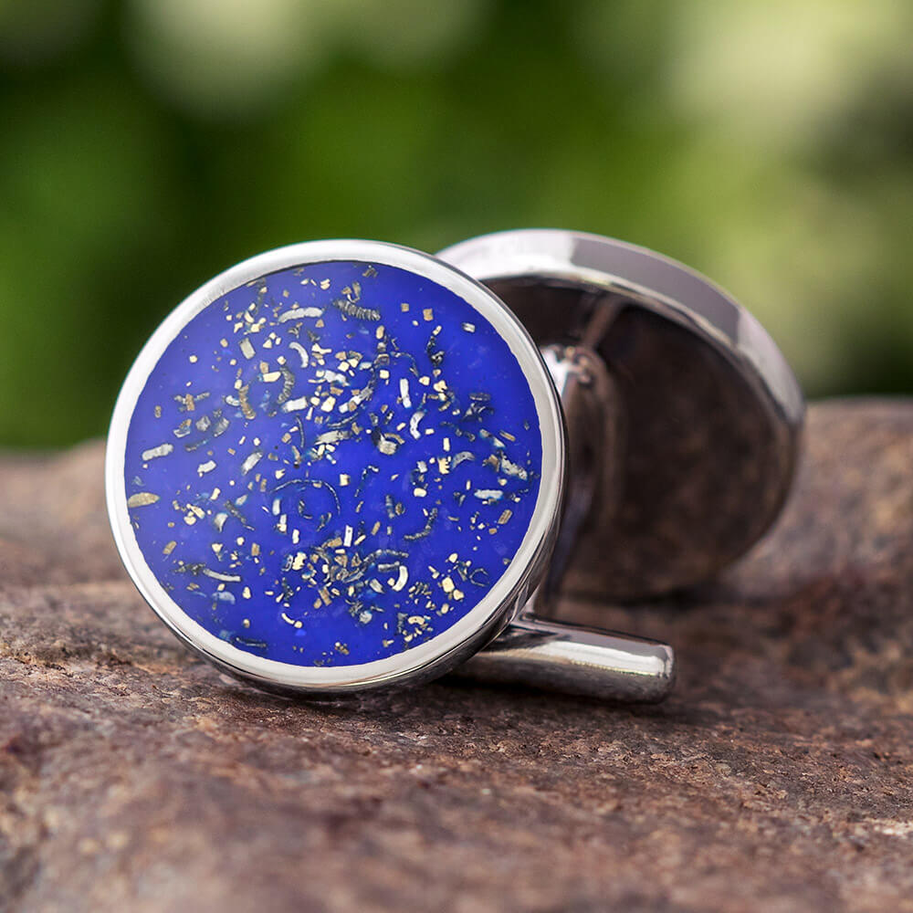 Round Blue Stardust™ Cuff Links in Sterling Silver