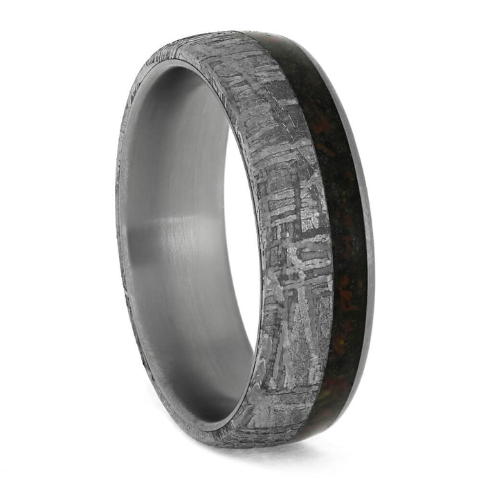 Meteorite Wedding Band With Crushed Dinosaur Bone, Titanium Ring-3902 - Jewelry by Johan