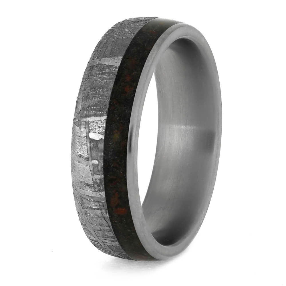 Meteorite Wedding Band With Crushed Dinosaur Bone, Titanium Ring-3902 - Jewelry by Johan