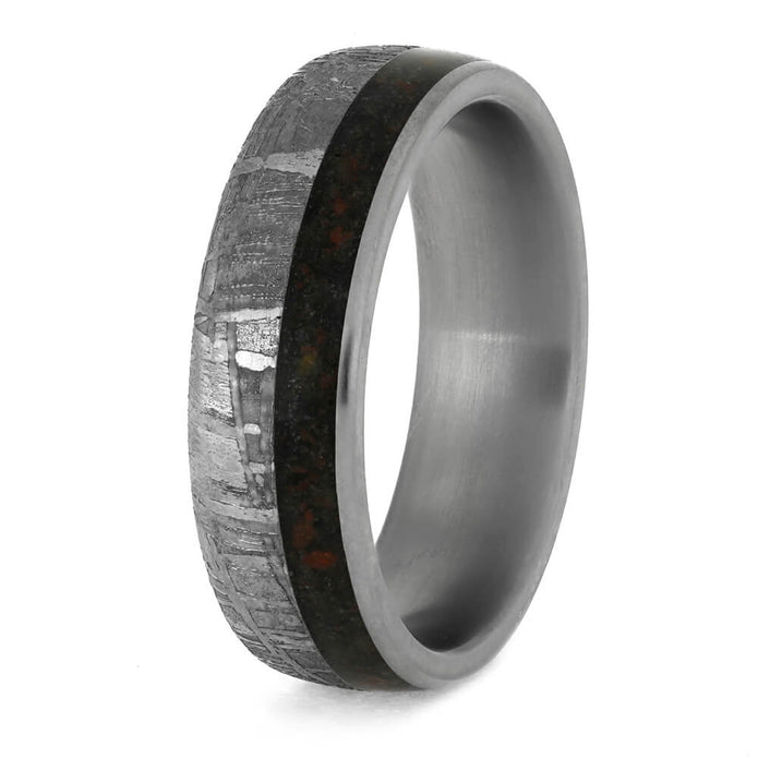 Meteorite Wedding Band With Crushed Dinosaur Bone, Titanium Ring-3902 - Jewelry by Johan